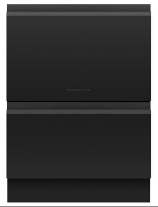 A sleek, matte black built-in refrigerator with a minimalist design, featuring a subtle 'FISHER & PAYKEL' logo on the front.