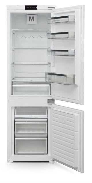 A white built-in top-freezer refrigerator with both the upper door and lower freezer drawer open, showing interior shelves and storage compartments against a plain white background.