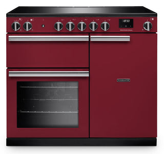 A red freestanding range cooker with a black glass cooktop, six control knobs, an oven, and a side door, shown on a white background.
