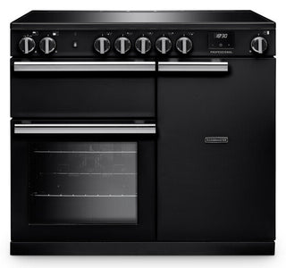 A black freestanding range cooker with a smooth glass cooktop, six front control knobs, a lower oven door with a glass window, and a right-side storage compartment with a silver handle, shown on a white background.