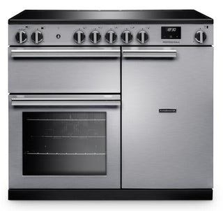 A stainless steel freestanding range cooker with a black glass cooktop, six control knobs, a digital display, two oven doors, and a right-hand storage compartment, shown on a plain white background.