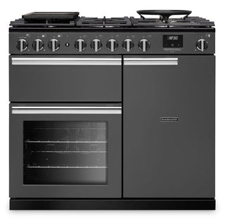 A black gas range cooker with a double oven, digital display, and multiple control knobs, shown on a plain white background.