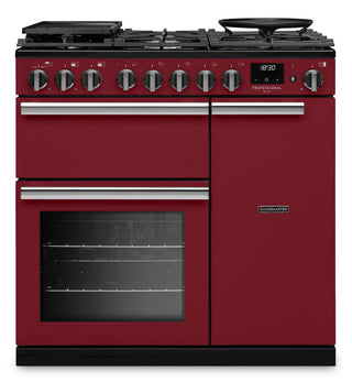 A red and black Fraporta gas range cooker with a double oven and a side storage cabinet, shown on a solid white background.