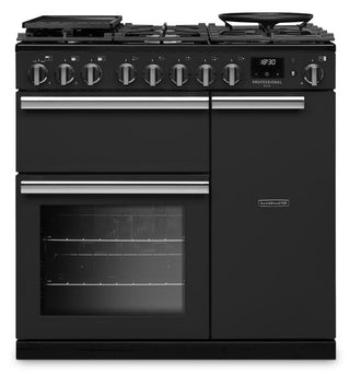 A black freestanding gas range cooker with a five-burner stovetop, dual oven, and right-side storage compartment, shown on a plain white background.
