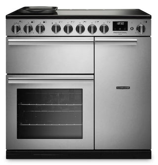 A stainless steel freestanding range cooker with a black glass cooktop, eight control knobs, a digital display, a lower oven with a glass door, and a right-side storage door, shown on a white background.
