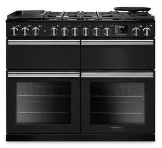 Black freestanding gas range with four oven doors, a gas cooktop, multiple control knobs, and a digital display, shown on a white background.
