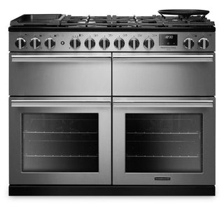 A stainless steel freestanding range with six burners, a built-in gas cooktop, four oven compartments, and multiple control knobs on a white background.