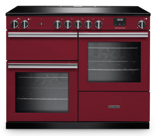 A professional red dual oven range cooker with a black glass cooktop and silver control knobs, shown against a plain white background.