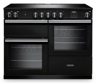 A black freestanding range cooker with a smooth glass cooktop, six control knobs, two oven compartments, and a lower storage drawer, shown on a plain white background.