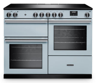 A light blue freestanding range cooker with black glass cooktop, black base trim, and multiple control knobs on the front, shown against a plain white background.