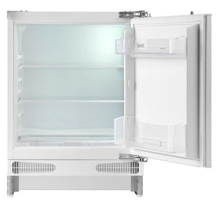 A white built-in refrigerator with its door open, showing the interior shelves and door storage compartments against a plain white background.