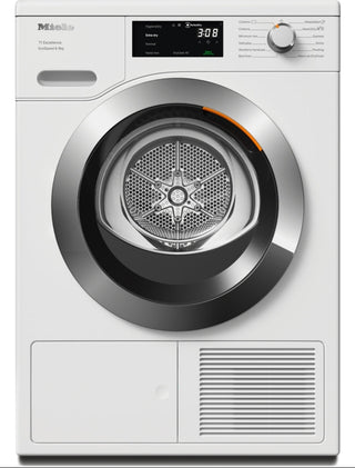 Miele front-load tumble dryer in white with a large circular stainless steel door, digital control panel, and rotary dial on a clean white background.