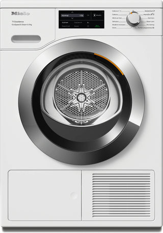 A front-load washing machine in white with a large circular stainless steel door ring and silver drum, shown on a clean white background. The top panel includes a digital display, control buttons, and a dial.